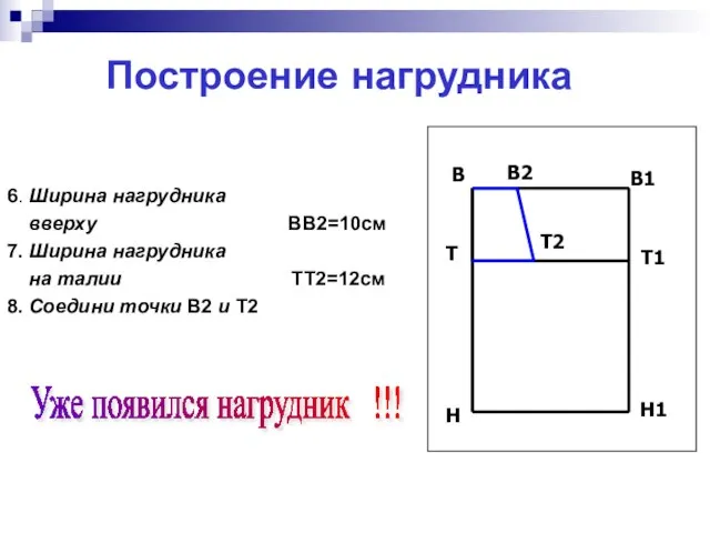 Построение нагрудника 6. Ширина нагрудника вверху ВВ2=10см 7. Ширина нагрудника на талии