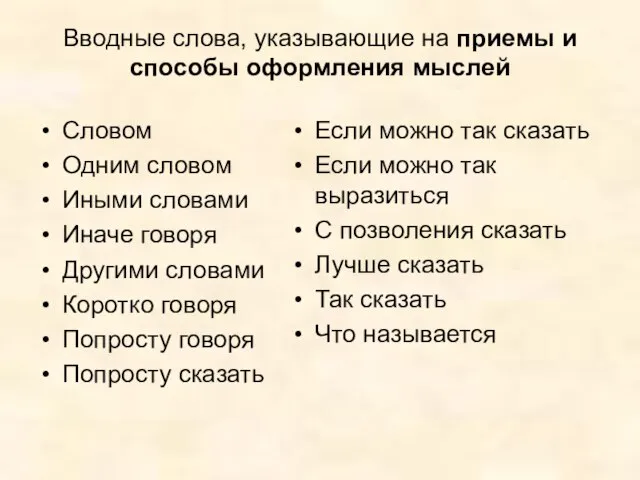 Вводные слова, указывающие на приемы и способы оформления мыслей Словом Одним словом