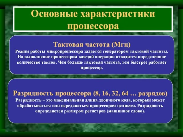 Основные характеристики процессора Тактовая частота (Мгц) Режим работы микропроцессора задается генератором тактовой