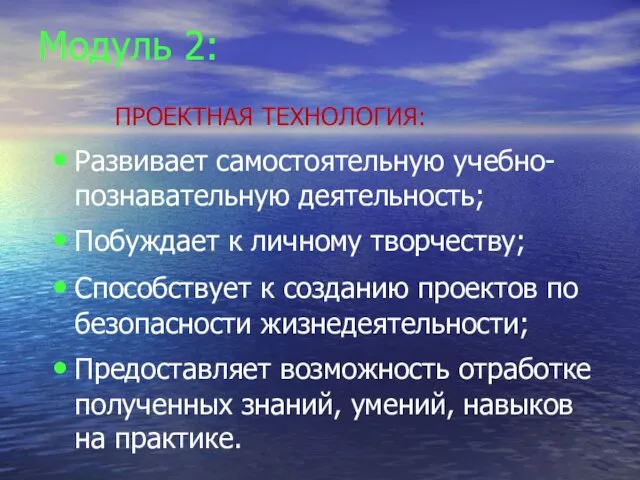 Модуль 2: ПРОЕКТНАЯ ТЕХНОЛОГИЯ: Развивает самостоятельную учебно-познавательную деятельность; Побуждает к личному творчеству;