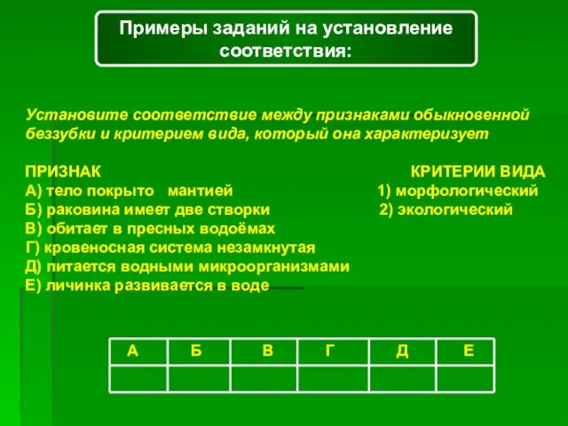 Примеры заданий на установление соответствия: Установите соответствие между признаками обыкновенной беззубки и