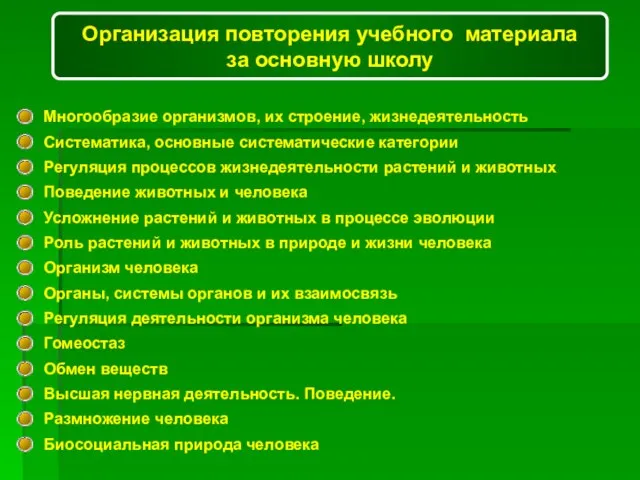 Многообразие организмов, их строение, жизнедеятельность Систематика, основные систематические категории Регуляция процессов жизнедеятельности