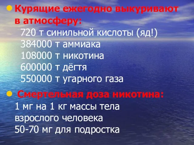 Курящие ежегодно выкуривают в атмосферу: 720 т синильной кислоты (яд!) 384000 т