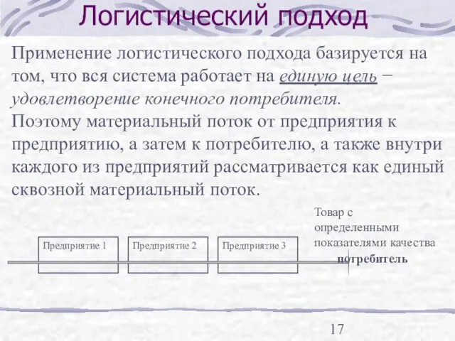 Логистический подход Применение логистического подхода базируется на том, что вся система работает