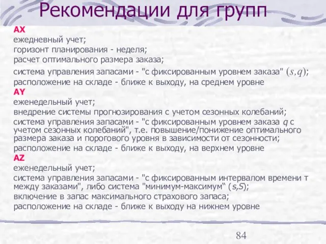 Рекомендации для групп AX ежедневный учет; горизонт планирования - неделя; расчет оптимального