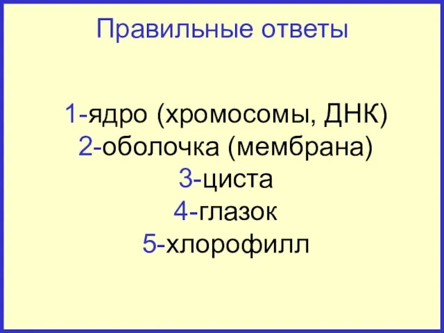 Правильные ответы 1-ядро (хромосомы, ДНК) 2-оболочка (мембрана) 3-циста 4-глазок 5-хлорофилл