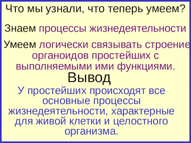 Вывод Что мы узнали, что теперь умеем? Знаем процессы жизнедеятельности Умеем логически