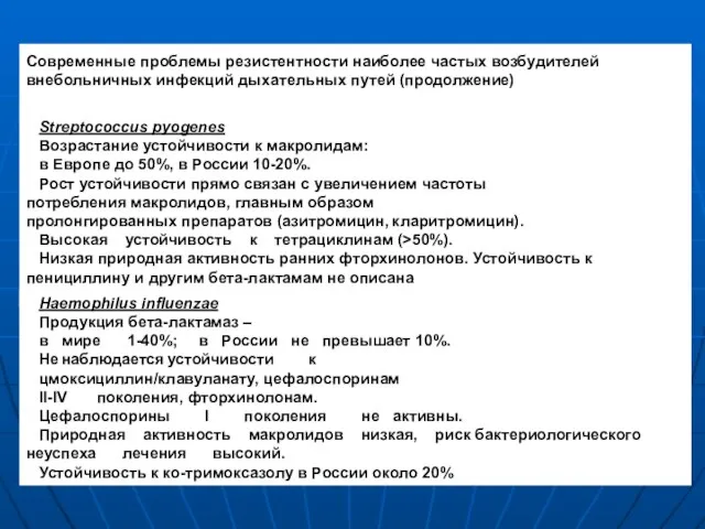 Современные проблемы резистентности наиболее частых возбудителей внебольничных инфекций дыхательных путей (продолжение) Streptococcus