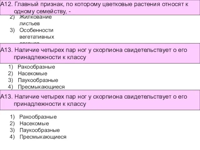 Строение цветка и плода Жилкование листьев Особенности вегетативных органов Совместное обитание А12.