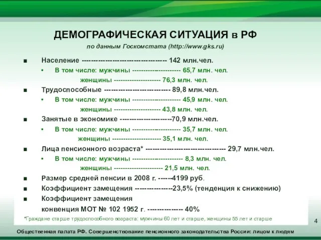 Общественная палата РФ. Совершенствование пенсионного законодательства России: лицом к людям ДЕМОГРАФИЧЕСКАЯ СИТУАЦИЯ