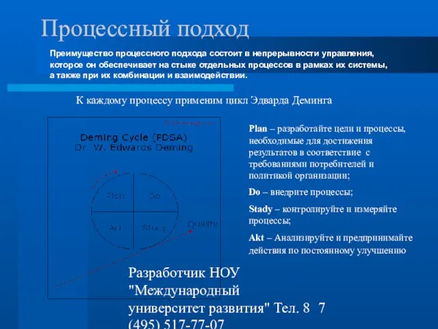 Разработчик НОУ "Международный университет развития" Тел. 8 (495) 517-77-07 st-q@contv.ru Процессный подход