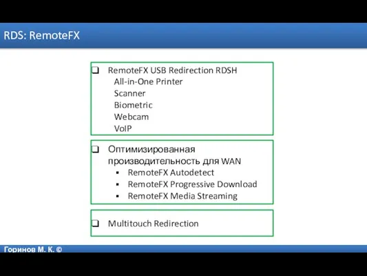 Горинов М. К. © RDS: RemoteFX Оптимизированная производительность для WAN RemoteFX Autodetect