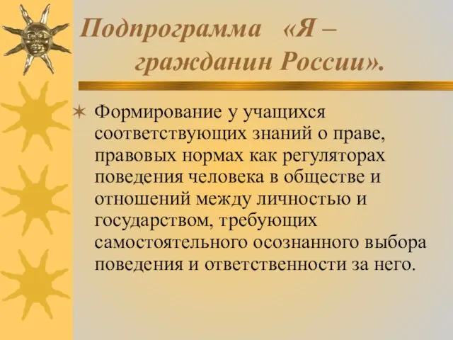 Подпрограмма «Я – гражданин России». Формирование у учащихся соответствующих знаний о праве,