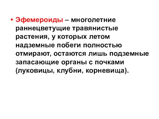 Эфемероиды – многолетние раннецветущие травянистые растения, у которых летом надземные побеги полностью