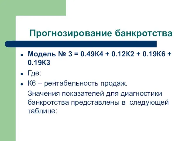 Прогнозирование банкротства Модель № 3 = 0.49К4 + 0.12К2 + 0.19К6 +