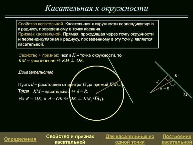 Пусть d – расстояние от центра O до прямой KM. Тогда Касательная