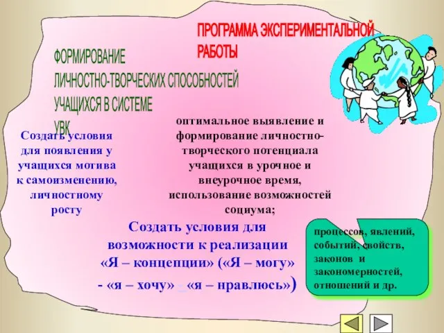 ФОРМИРОВАНИЕ ЛИЧНОСТНО-ТВОРЧЕСКИХ СПОСОБНОСТЕЙ УЧАЩИХСЯ В СИСТЕМЕ УВК ПРОГРАММА ЭКСПЕРИМЕНТАЛЬНОЙ РАБОТЫ процессов, явлений,