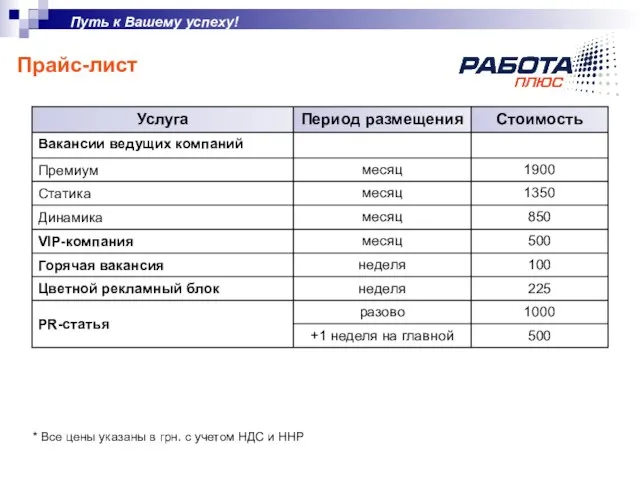 Путь к Вашему успеху! Прайс-лист * Все цены указаны в грн. с учетом НДС и ННР