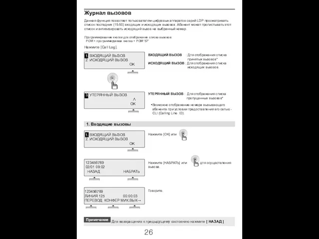 Нажмите [Call Log]. 1. Входящие вызовы 123456789 02/01 09:02 НАЗАД НАБРАТЬ Примечание