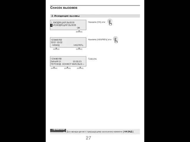 Для возвращения к предыдущему состоянию нажмите [ НАЗАД ] 2. Исходящие вызовы