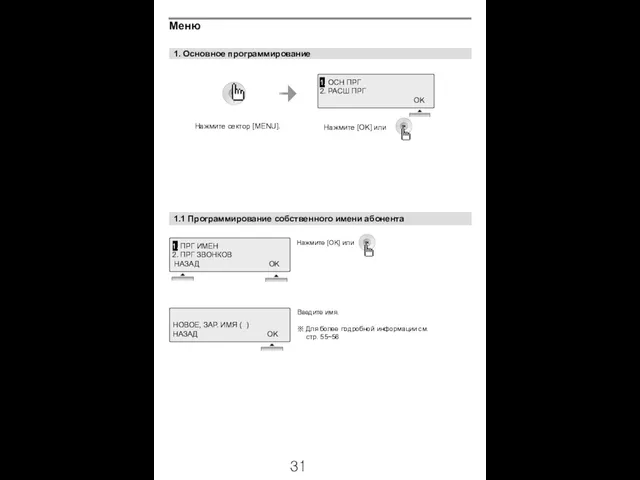 1. Основное программирование Нажмите [OK] или . Нажмите сектор [MENU]. 1.1 Программирование