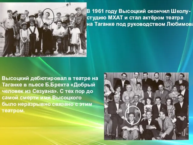 В 1961 году Высоцкий окончил Школу- студию МХАТ и стал актёром театра