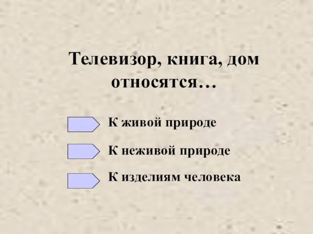 Телевизор, книга, дом относятся… К живой природе К неживой природе К изделиям человека