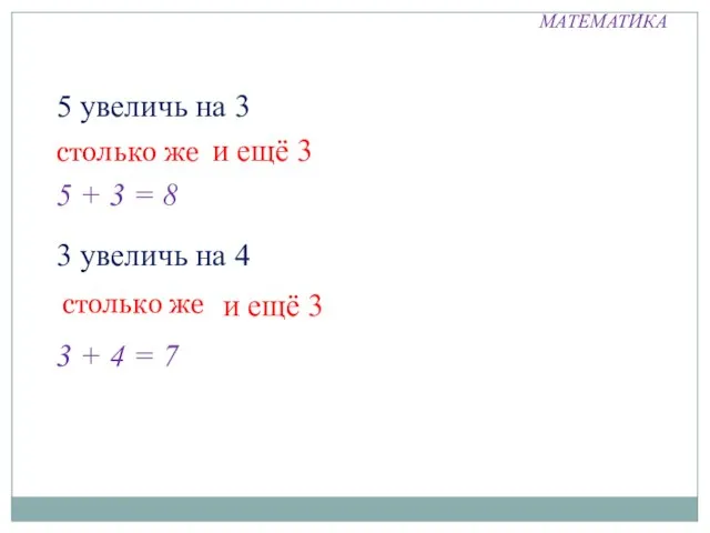 МАТЕМАТИКА 5 увеличь на 3 столько же и ещё 3 5 +