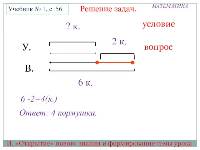 МАТЕМАТИКА II. «Открытие» нового знания и формирование темы урока Решение задач. Учебник