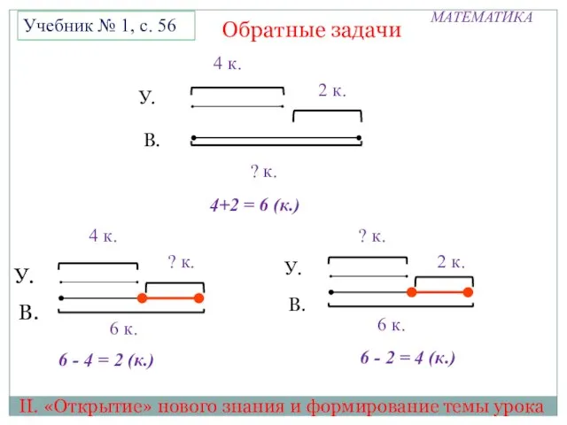 МАТЕМАТИКА II. «Открытие» нового знания и формирование темы урока Учебник № 1,