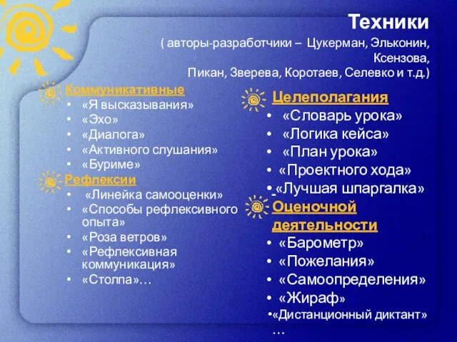 Техники ( авторы-разработчики – Цукерман, Эльконин, Ксензова, Пикан, Зверева, Коротаев, Селевко и