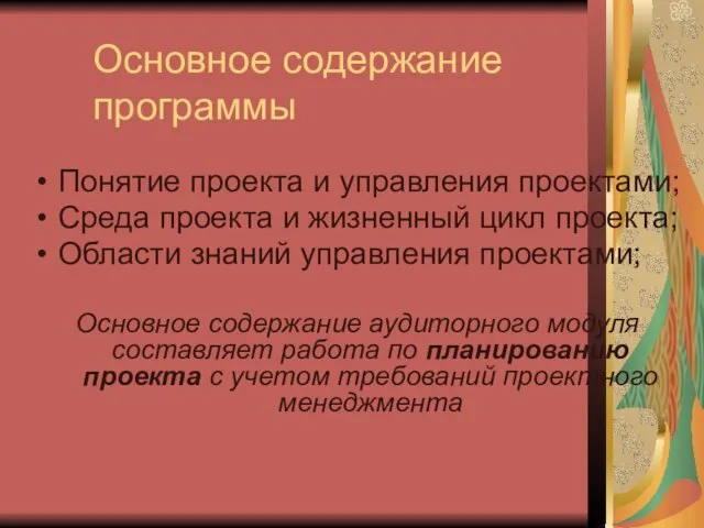 Основное содержание программы Понятие проекта и управления проектами; Среда проекта и жизненный