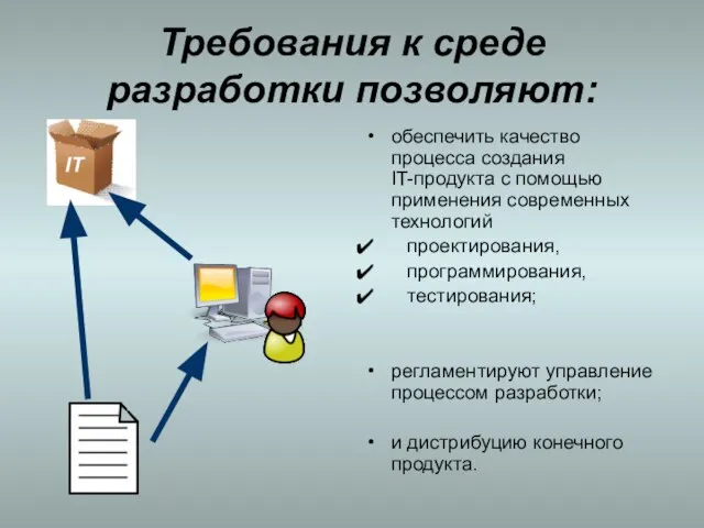 Требования к среде разработки позволяют: обеспечить качество процесса создания IT-продукта с помощью