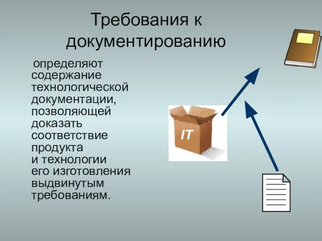 Требования к документированию определяют содержание технологической документации, позволяющей доказать соответствие продукта и