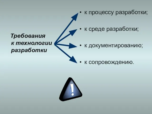 Требования к технологии разработки к процессу разработки; к среде разработки; к документированию; к сопровождению.