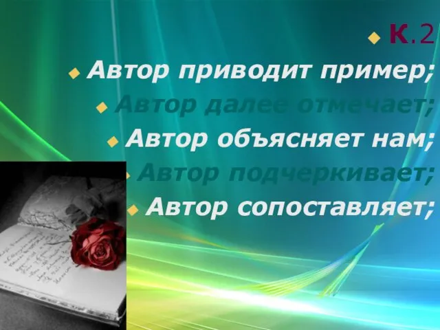 К.2 Автор приводит пример; Автор далее отмечает; Автор объясняет нам; Автор подчеркивает; Автор сопоставляет;