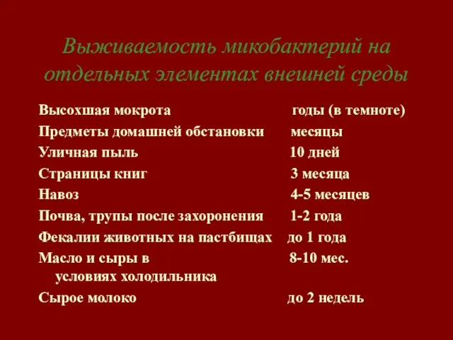 Выживаемость микобактерий на отдельных элементах внешней среды Высохшая мокрота годы (в темноте)