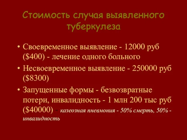 Стоимость случая выявленного туберкулеза Своевременное выявление - 12000 руб ($400) - лечение