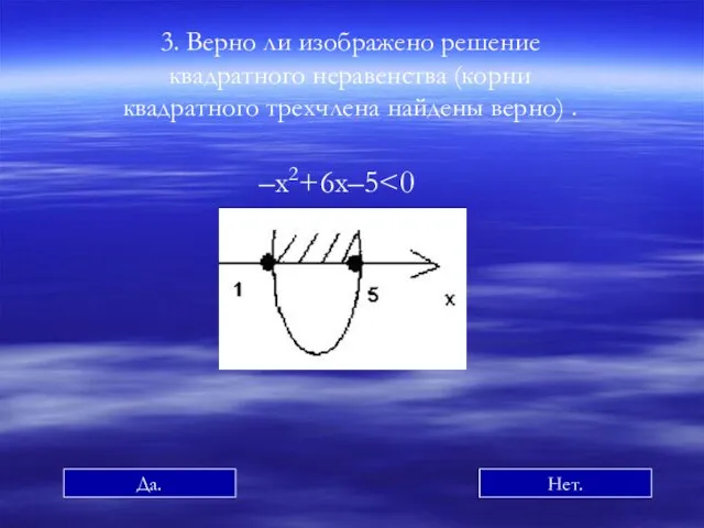 –х2+6х–5 3. Верно ли изображено решение квадратного неравенства (корни квадратного трехчлена найдены верно) . Да. Нет.