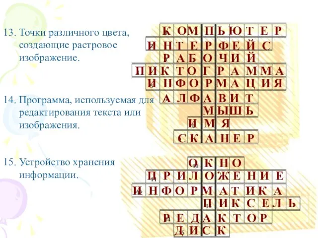 13. Точки различного цвета, создающие растровое изображение. 14. Программа, используемая для редактирования