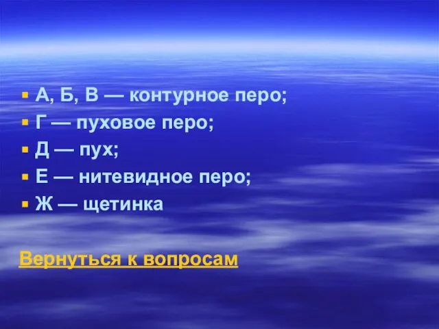 А, Б, В — контурное перо; Г — пуховое перо; Д —