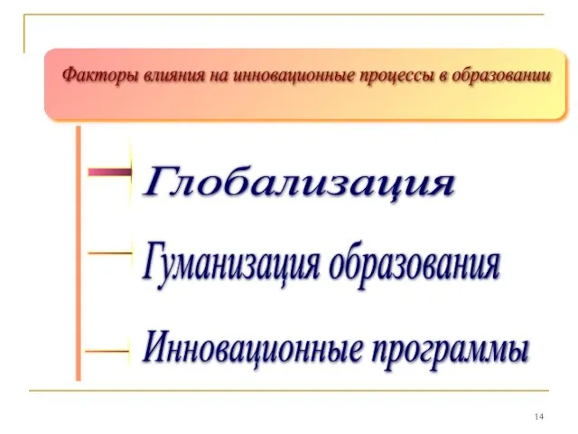 Факторы влияния на инновационные процессы в образовании Гуманизация образования Инновационные программы Глобализация