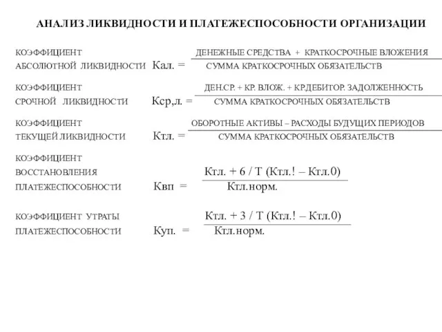 АНАЛИЗ ЛИКВИДНОСТИ И ПЛАТЕЖЕСПОСОБНОСТИ ОРГАНИЗАЦИИ КОЭФФИЦИЕНТ ДЕНЕЖНЫЕ СРЕДСТВА + КРАТКОСРОЧНЫЕ ВЛОЖЕНИЯ АБСОЛЮТНОЙ