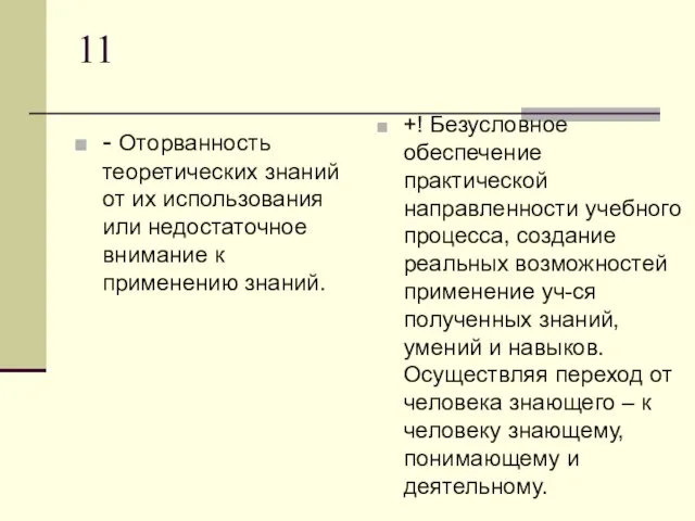 11 - Оторванность теоретических знаний от их использования или недостаточное внимание к