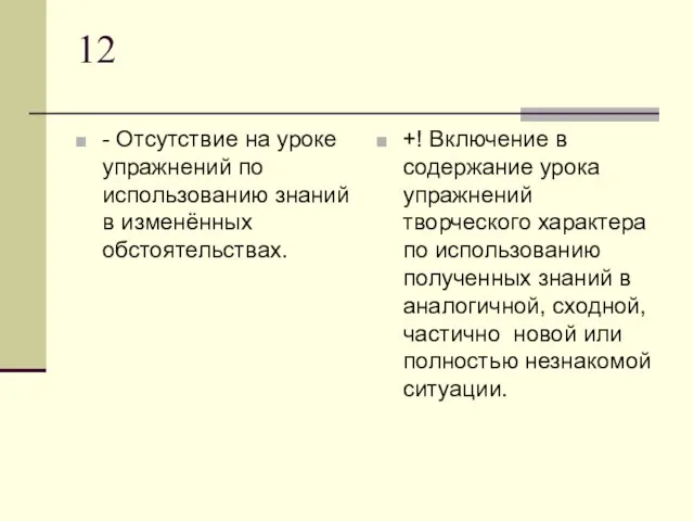 12 - Отсутствие на уроке упражнений по использованию знаний в изменённых обстоятельствах.