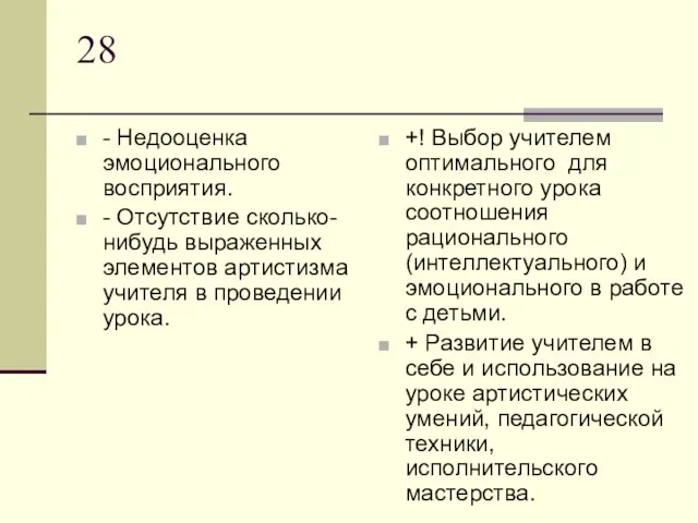 28 - Недооценка эмоционального восприятия. - Отсутствие сколько-нибудь выраженных элементов артистизма учителя