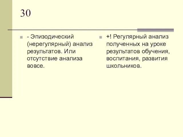 30 - Эпизодический (нерегулярный) анализ результатов. Или отсутствие анализа вовсе. +! Регулярный