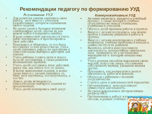 Рекомендации педагогу по формированию УУД Регулятивные УУД Для развития умения оценивать свою