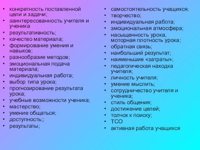 конкретность поставленной цели и задачи; заинтересованность учителя и ученика результативность; качество материала;