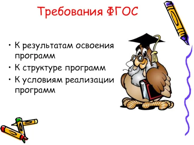 Требования ФГОС К результатам освоения программ К структуре программ К условиям реализации программ